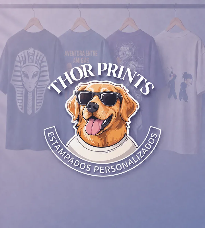 Marca de Thor Prints sobre una fotografía de camisetas personalizadas colgadas.